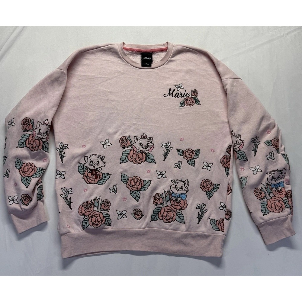 Disney Marie Aristocats Pink Embroidered Crewneck Roses Kitten Sweatshirt XS